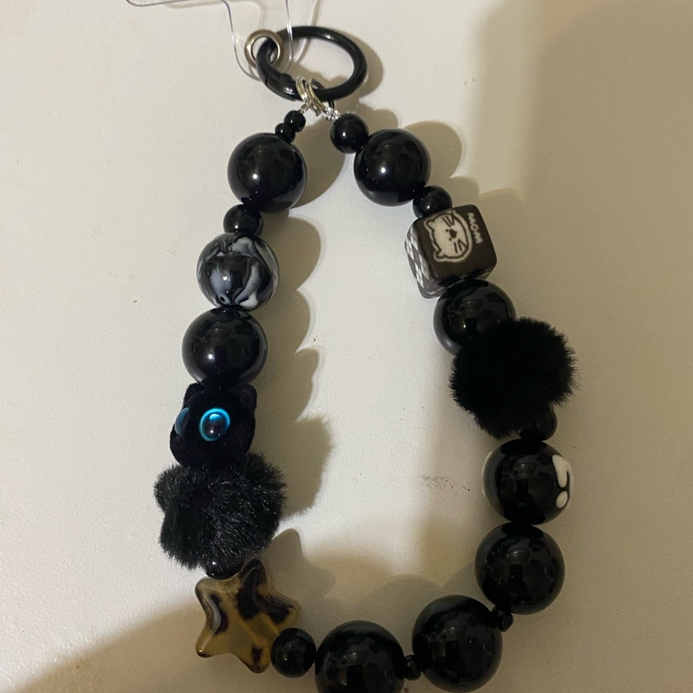 Black cat Beaded phone chain with Pom & Star Charm
